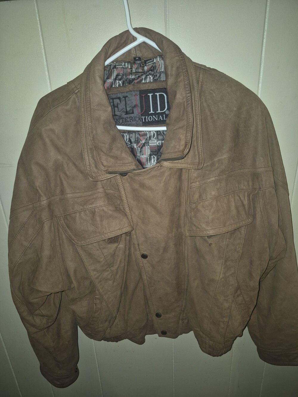 VTG Fluid International Brown Leather Bomber Jacket Mens M Distressed Flight Y2K